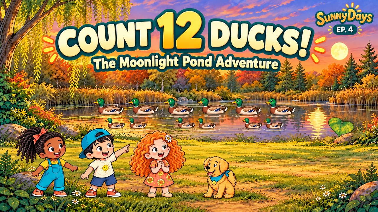 Maya, Leo, Poppy and Scout beside twelve mallard ducks, a bright moon and a heart-shaped leaf
