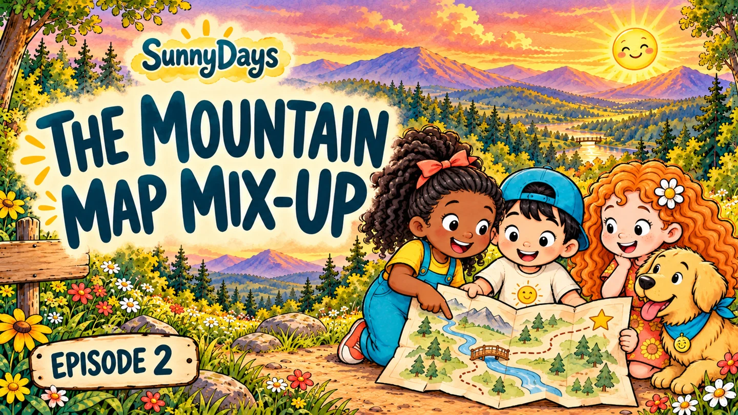 The Mountain Map Mix-Up episode cover, with the SunnyDays friends studying a map