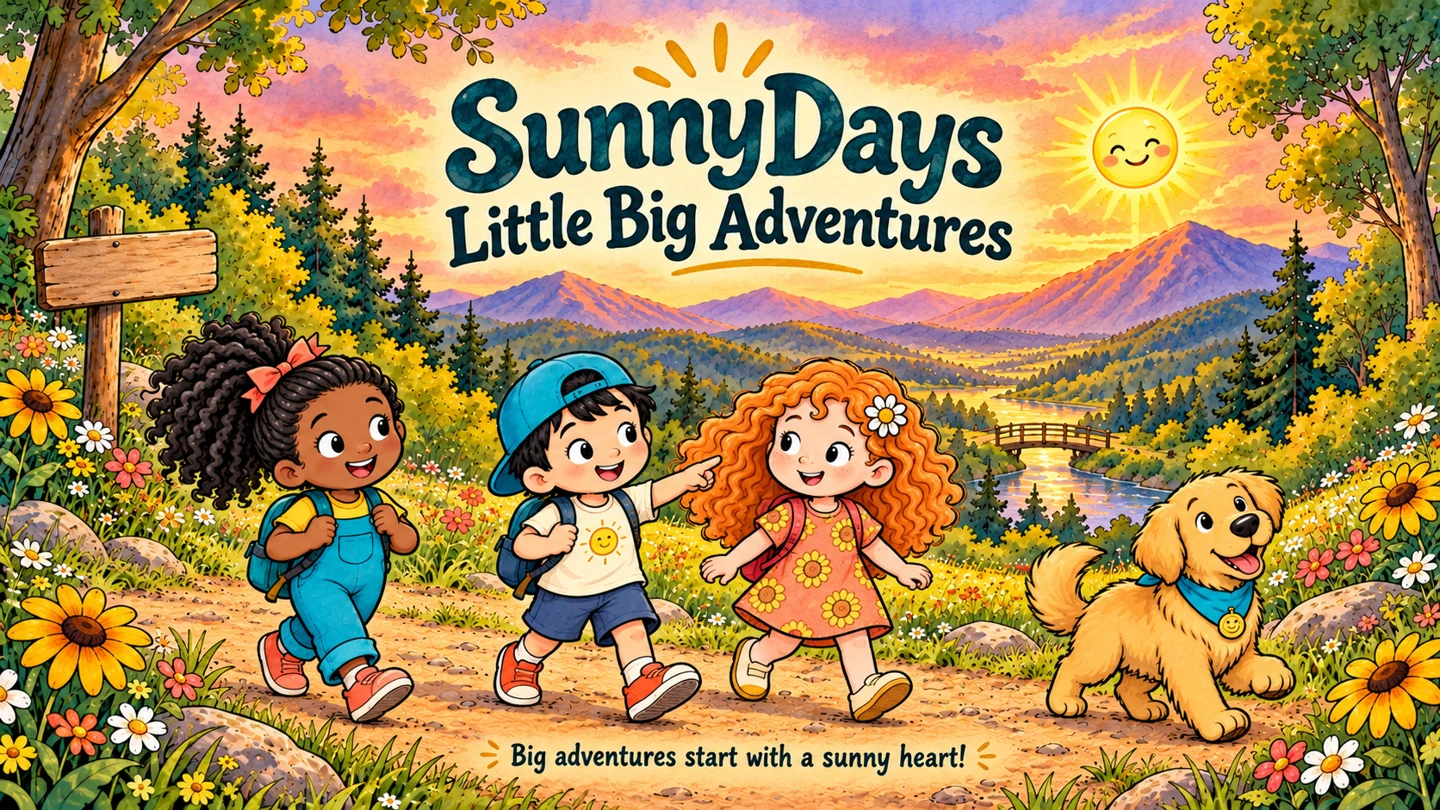 Maya, Leo, Poppy and Scout exploring a sunny trail beneath the SunnyDays Little Big Adventures title