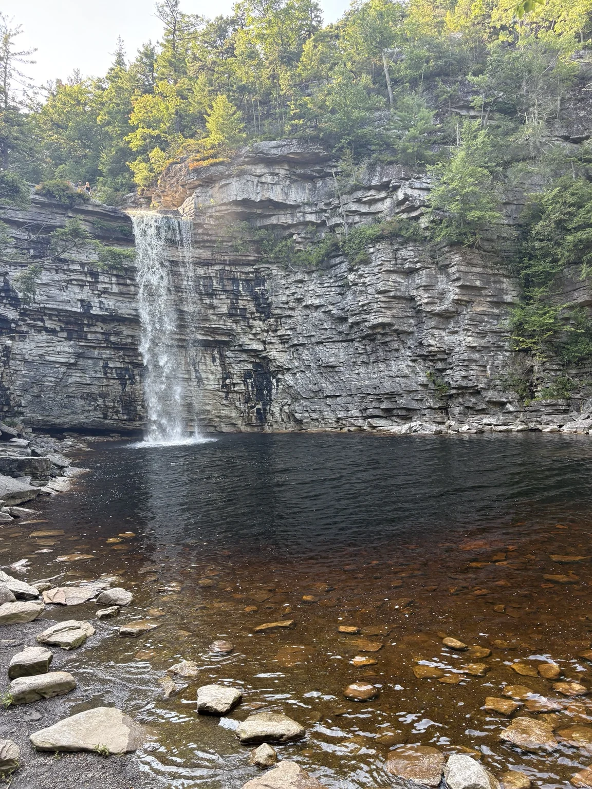 Closer view of Awosting Falls and the layered rock wall