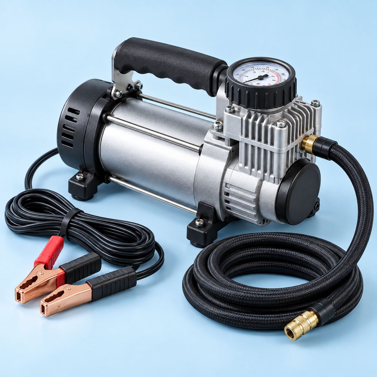 Silver VIAIR 88P tire inflator with hose and gauge photo-style illustration